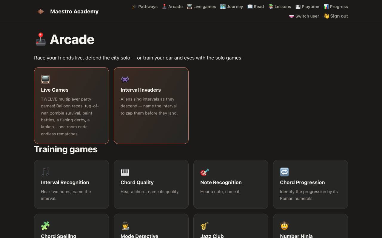 The Arcade: a grid of music game tiles
