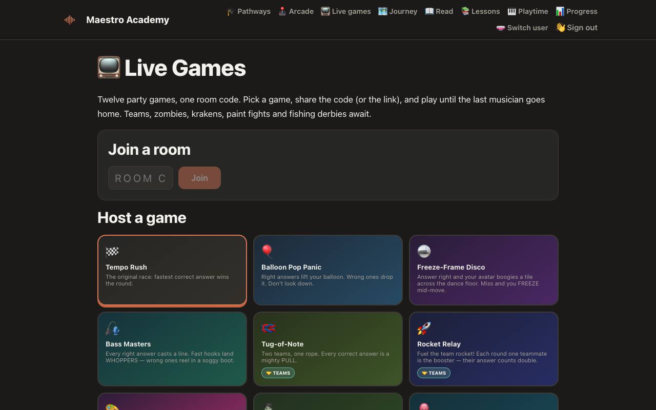 The live games lobby with twelve party games