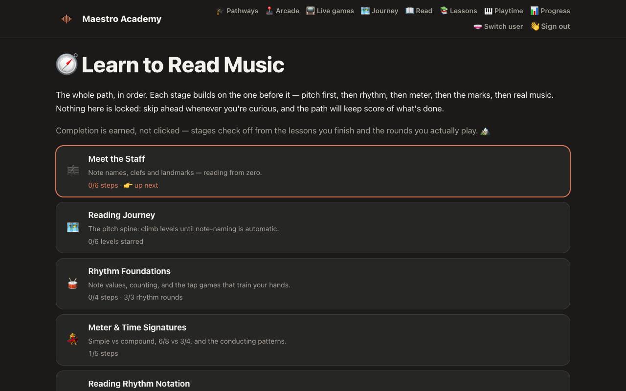 The Learn to Read Music path with its eight stages